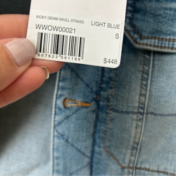 $448 Zadig & Voltaire Kioky Denim Skull Strass Jacket S Small Embellished Jean - Picture 6 of 14